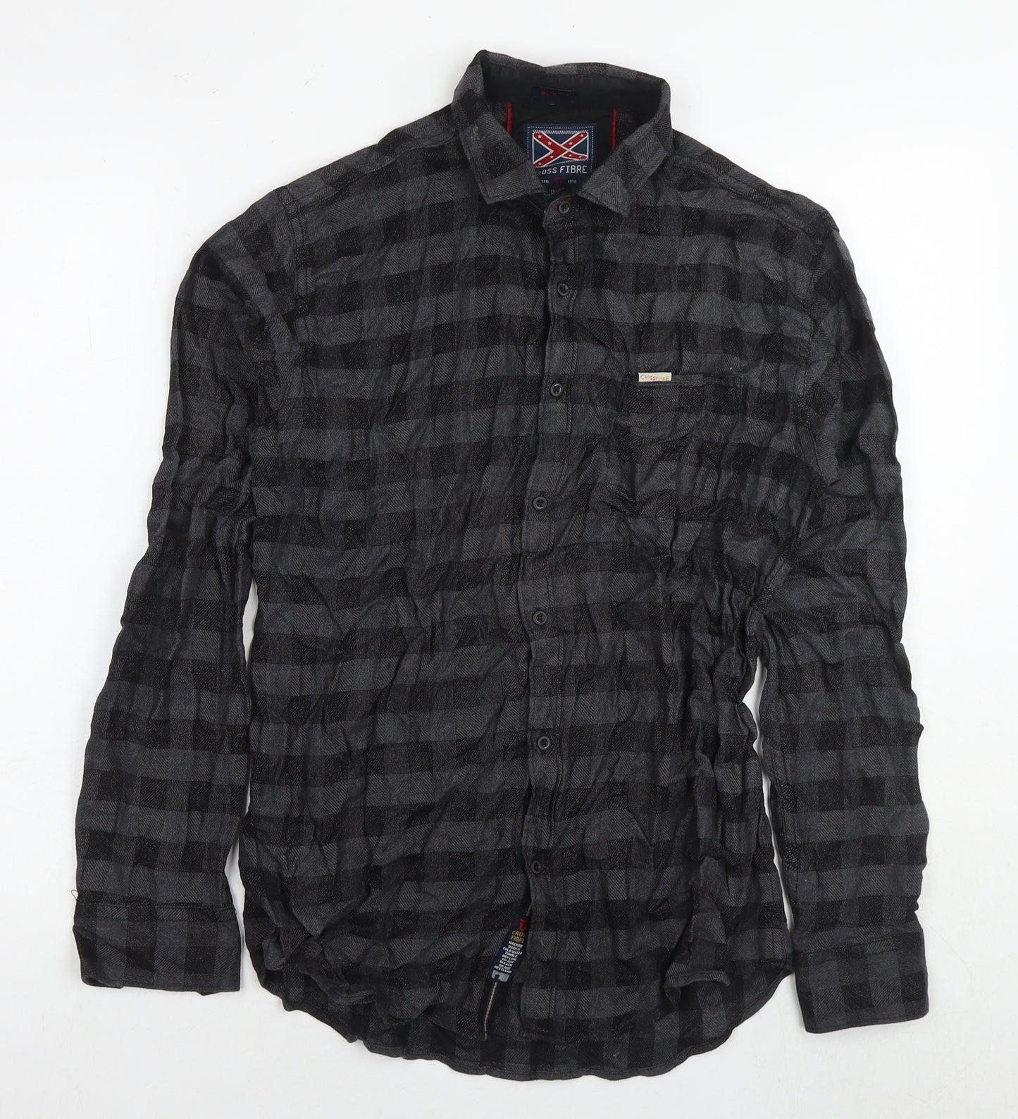 Cross Fibre Mens Grey Cotton Button-Up Size L Collared Button