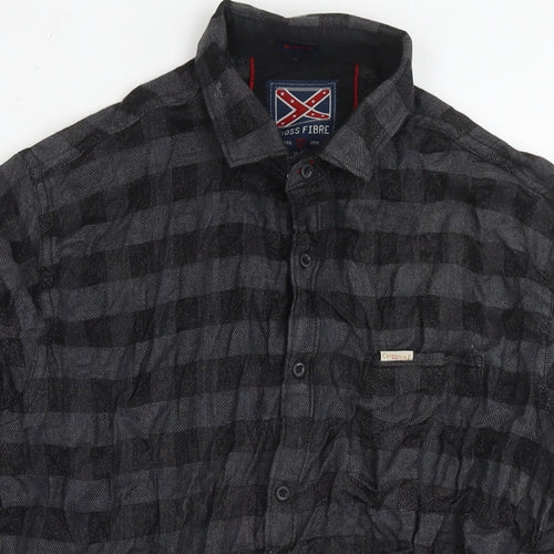 Cross Fibre Mens Grey Cotton Button-Up Size L Collared Button
