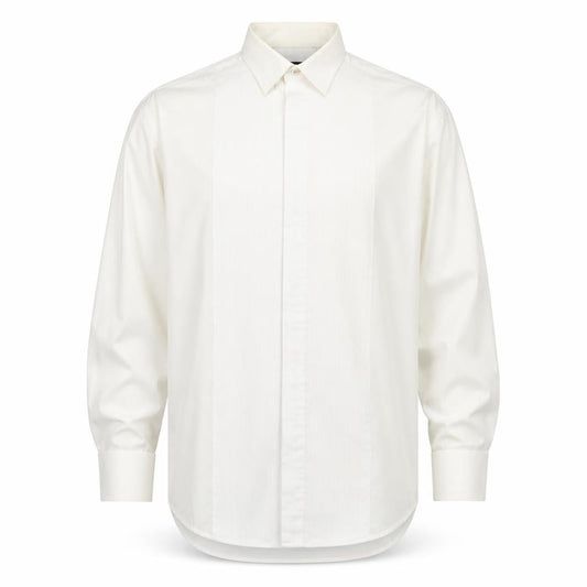 Front view of 1860 Menswear men’s white polyester dress shirt, size 15.5 collared button - collar 15.5''