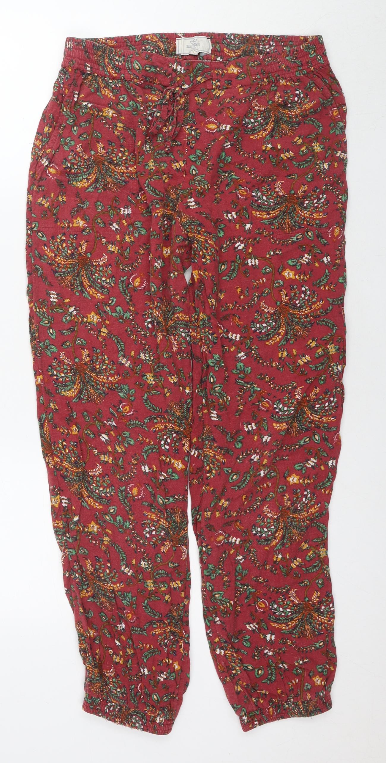 Fat Face Womens Red Floral Viscose Harem Trousers Size 12 L28 in Regular Drawstring