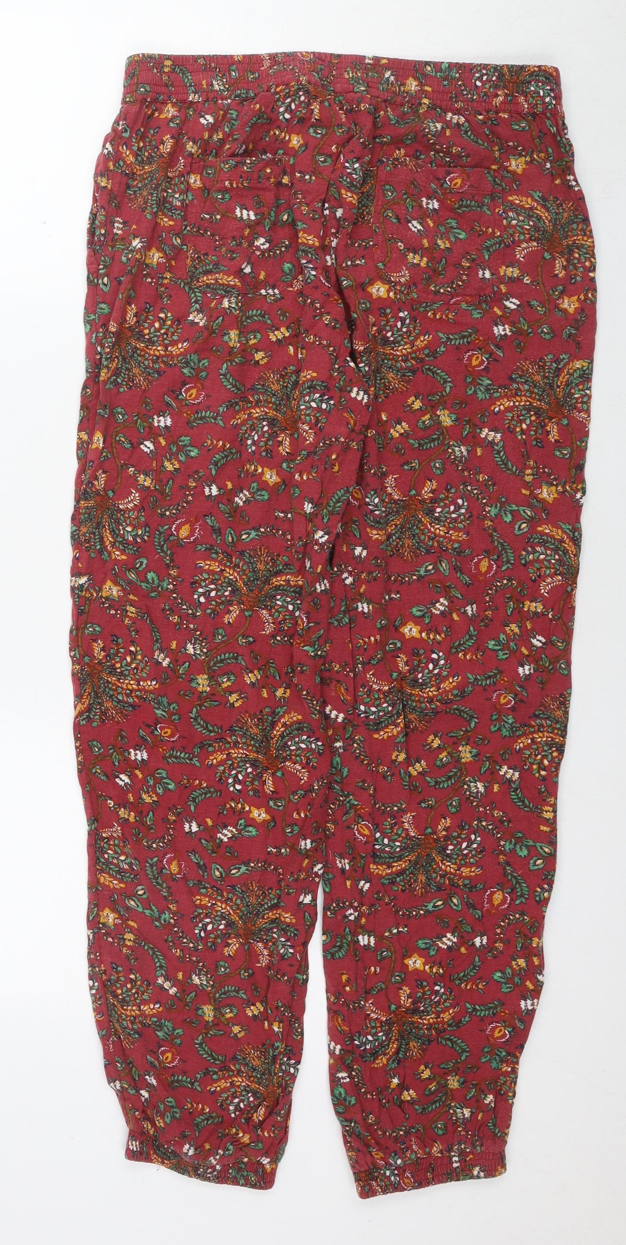 Fat Face Womens Red Floral Viscose Harem Trousers Size 12 L28 in Regular Drawstring