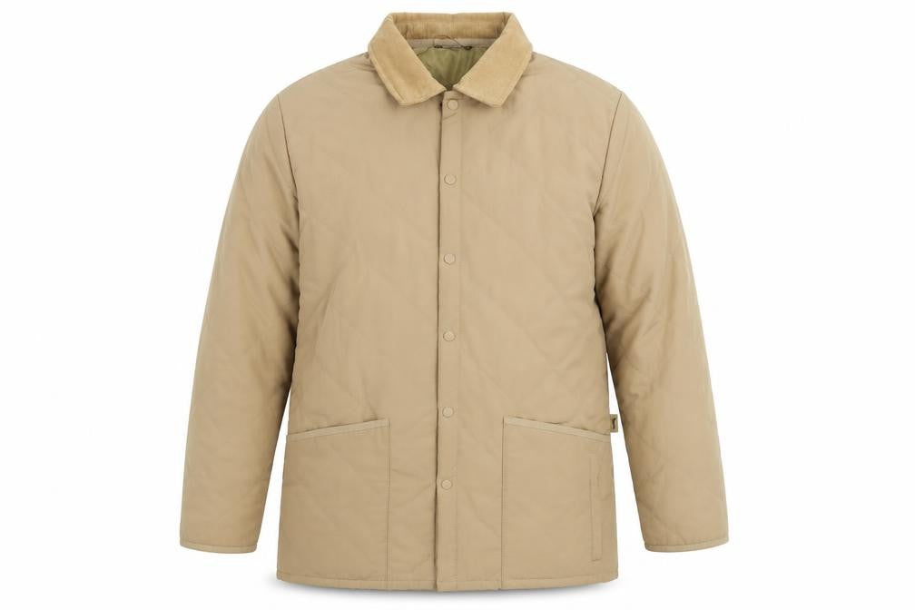 Front view of GOLFINO men’s beige quilted jacket, size M, zip