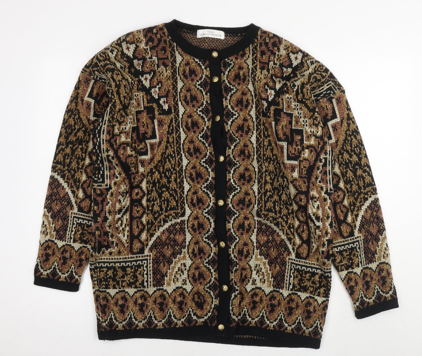 St Michael Womens Brown Round Neck Geometric Acrylic Cardigan Jumper Size 16