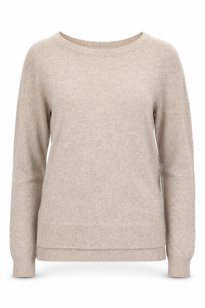 Front view of Monsoon women’s beige round neck nylon jumper, size UK 8