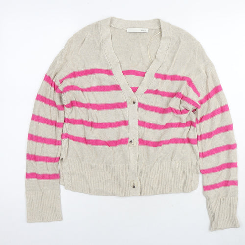 Oui Womens Beige V-Neck Striped Viscose Cardigan Jumper Size 6