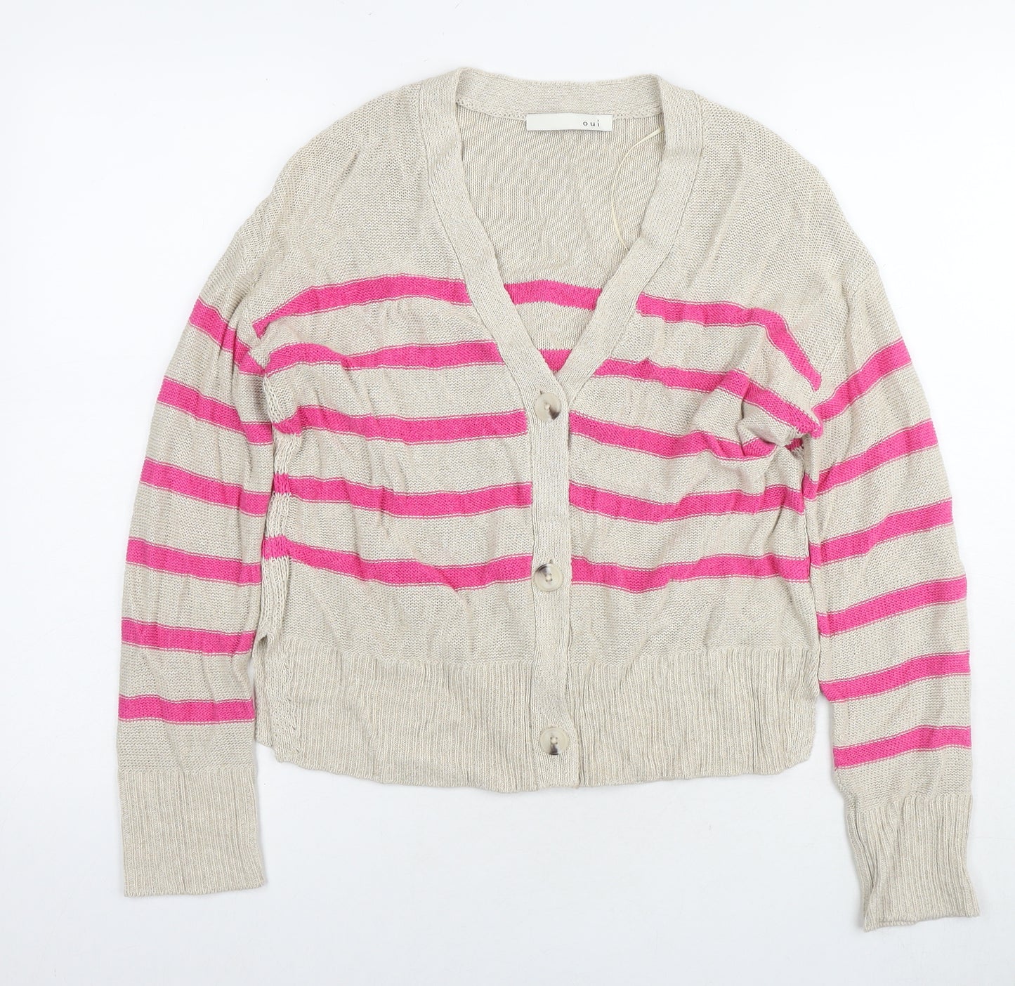 Oui Womens Beige V-Neck Striped Viscose Cardigan Jumper Size 6