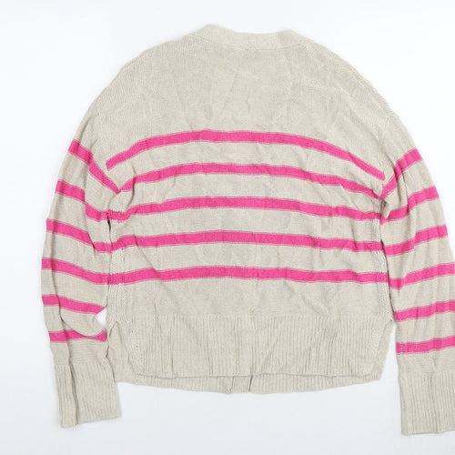 Oui Womens Beige V-Neck Striped Viscose Cardigan Jumper Size 6