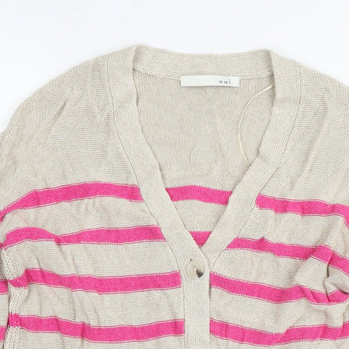 Oui Womens Beige V-Neck Striped Viscose Cardigan Jumper Size 6