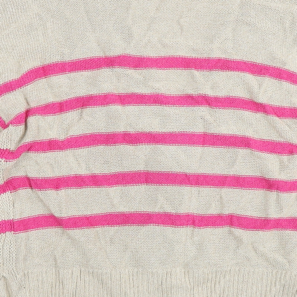 Oui Womens Beige V-Neck Striped Viscose Cardigan Jumper Size 6