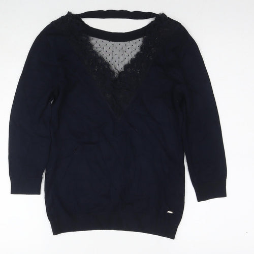 Morgan Womens Blue Round Neck Polyamide Pullover Jumper Size XS - Lace Detail