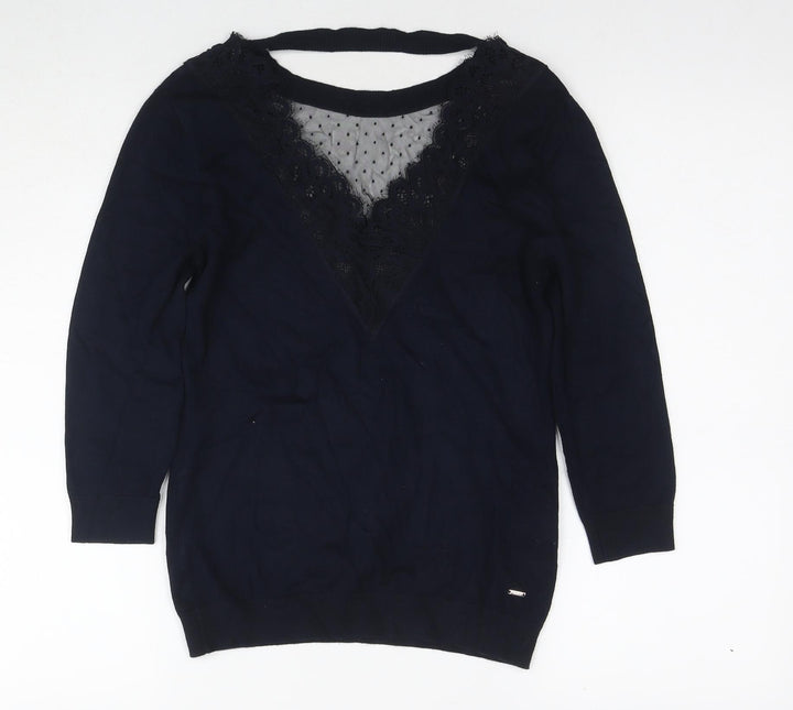 Morgan Womens Blue Round Neck Polyamide Pullover Jumper Size XS - Lace Detail
