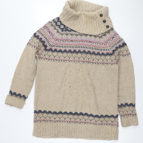 Indigo Womens Beige Roll Neck Fair Isle Acrylic Tunic Jumper Size 12