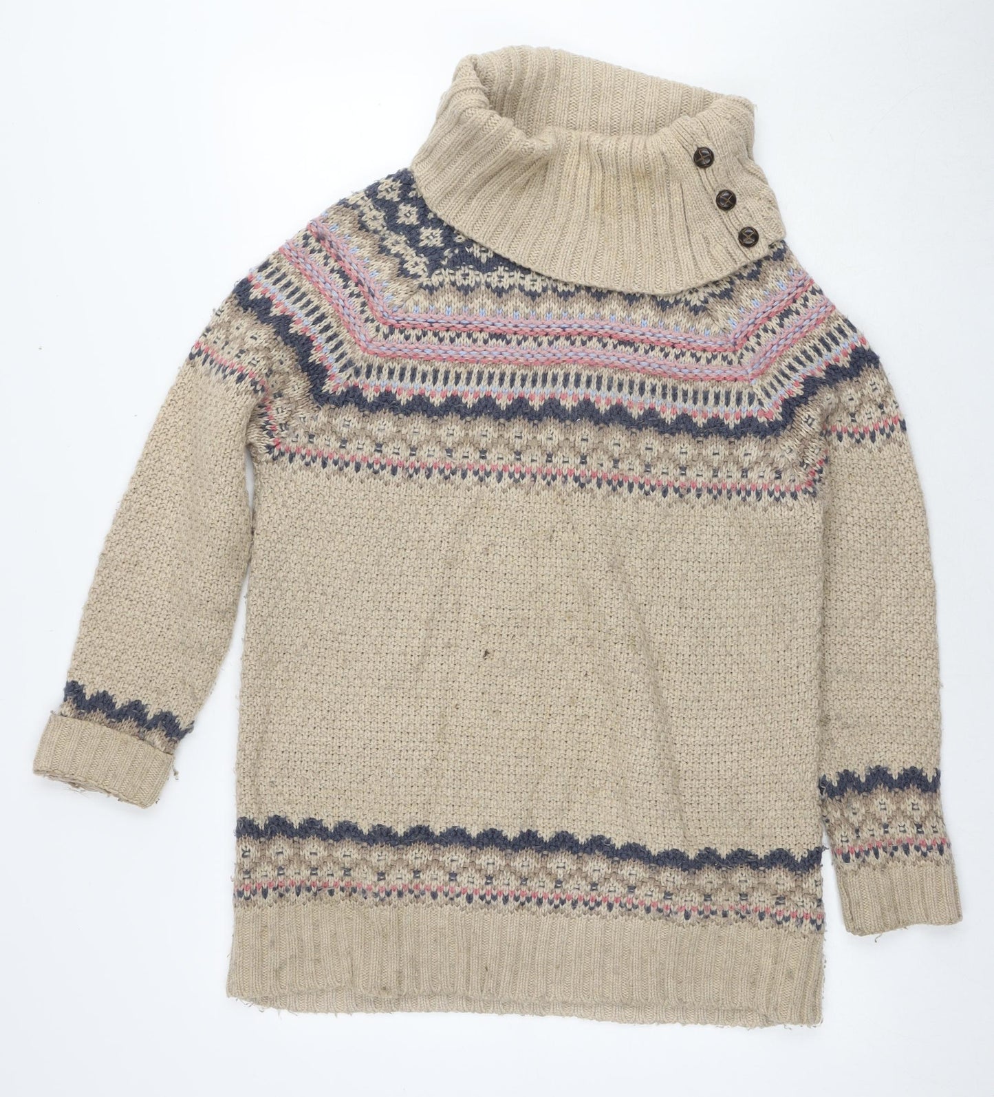 Indigo Womens Beige Roll Neck Fair Isle Acrylic Tunic Jumper Size 12