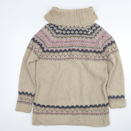 Indigo Womens Beige Roll Neck Fair Isle Acrylic Tunic Jumper Size 12
