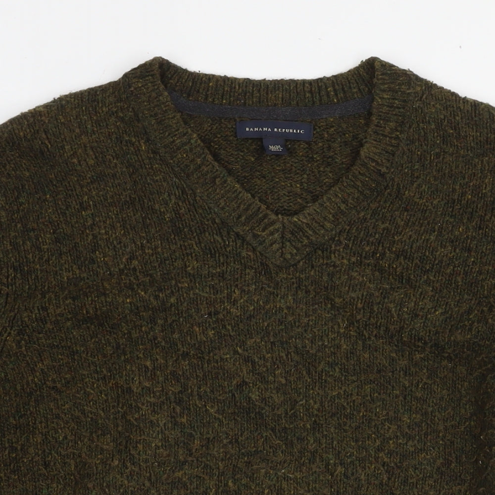 Banana Republic Mens Green V-Neck Wool Pullover Jumper Size M Long Sleeve