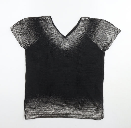 LUISA CERANO Womens Black Cotton Basic T-Shirt Size 12 V-Neck - Silver detail