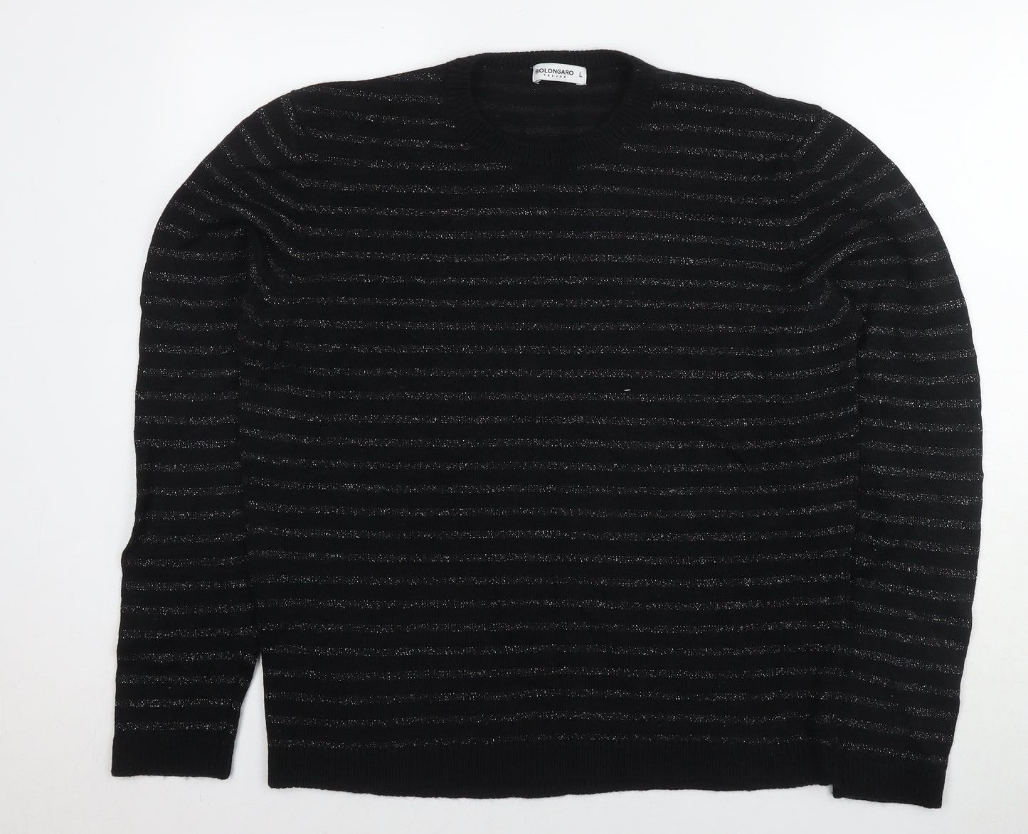 Bolongaro Trevor Womens Black Round Neck Striped Acrylic Pullover Jumper Size L - Glitter Detail