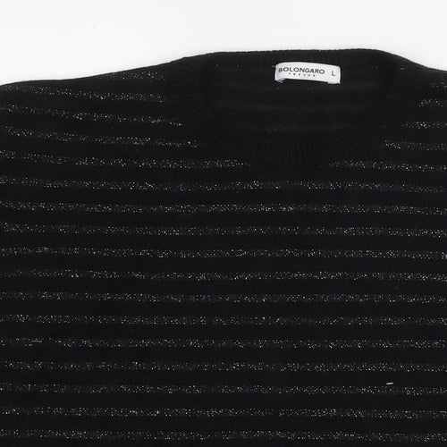 Bolongaro Trevor Womens Black Round Neck Striped Acrylic Pullover Jumper Size L - Glitter Detail