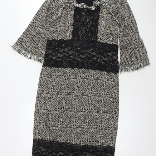 Kaleidoscope Womens Beige Geometric Acrylic Pencil Dress Size 10 Round Neck Zip