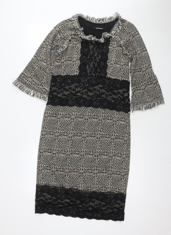 Kaleidoscope Womens Beige Geometric Acrylic Pencil Dress Size 10 Round Neck Zip