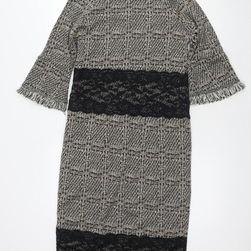 Kaleidoscope Womens Beige Geometric Acrylic Pencil Dress Size 10 Round Neck Zip