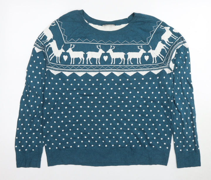 LOFT Womens Blue Round Neck Polka Dot Cotton Pullover Jumper Size L - Raiders