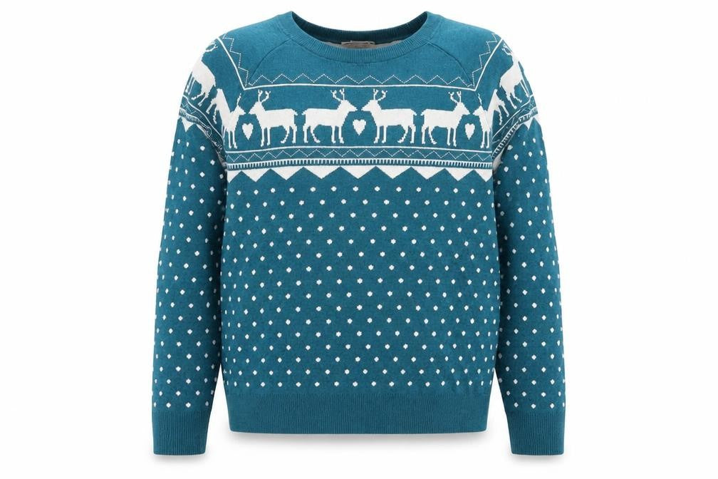 Front view of LOFT women’s blue round neck polka dot cotton jumper, size L, - raiders