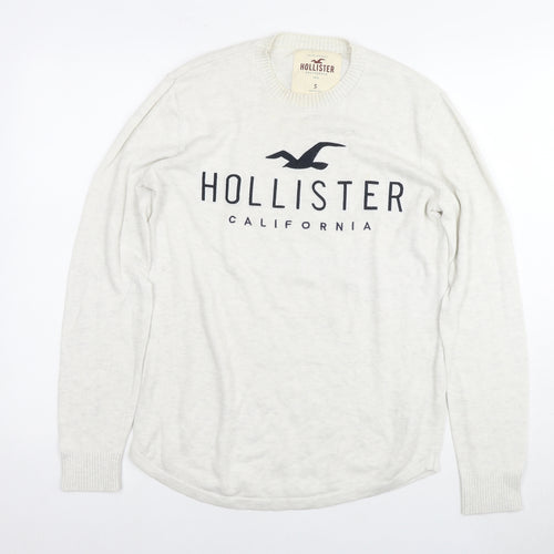 Hollister Mens White Round Neck Cotton Pullover Jumper Size S Long Sleeve - Logo