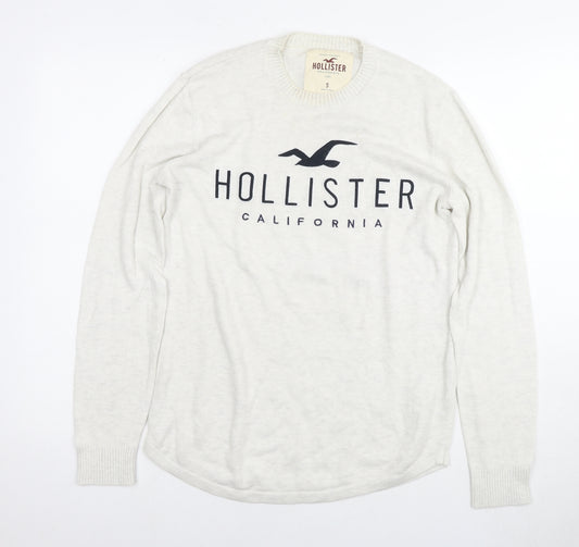 Hollister Mens White Round Neck Cotton Pullover Jumper Size S Long Sleeve - Logo