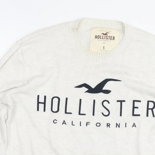 Hollister Mens White Round Neck Cotton Pullover Jumper Size S Long Sleeve - Logo