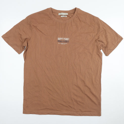 Garment Makers Mens Brown Cotton T-Shirt Size XL Round Neck - Happy Planet