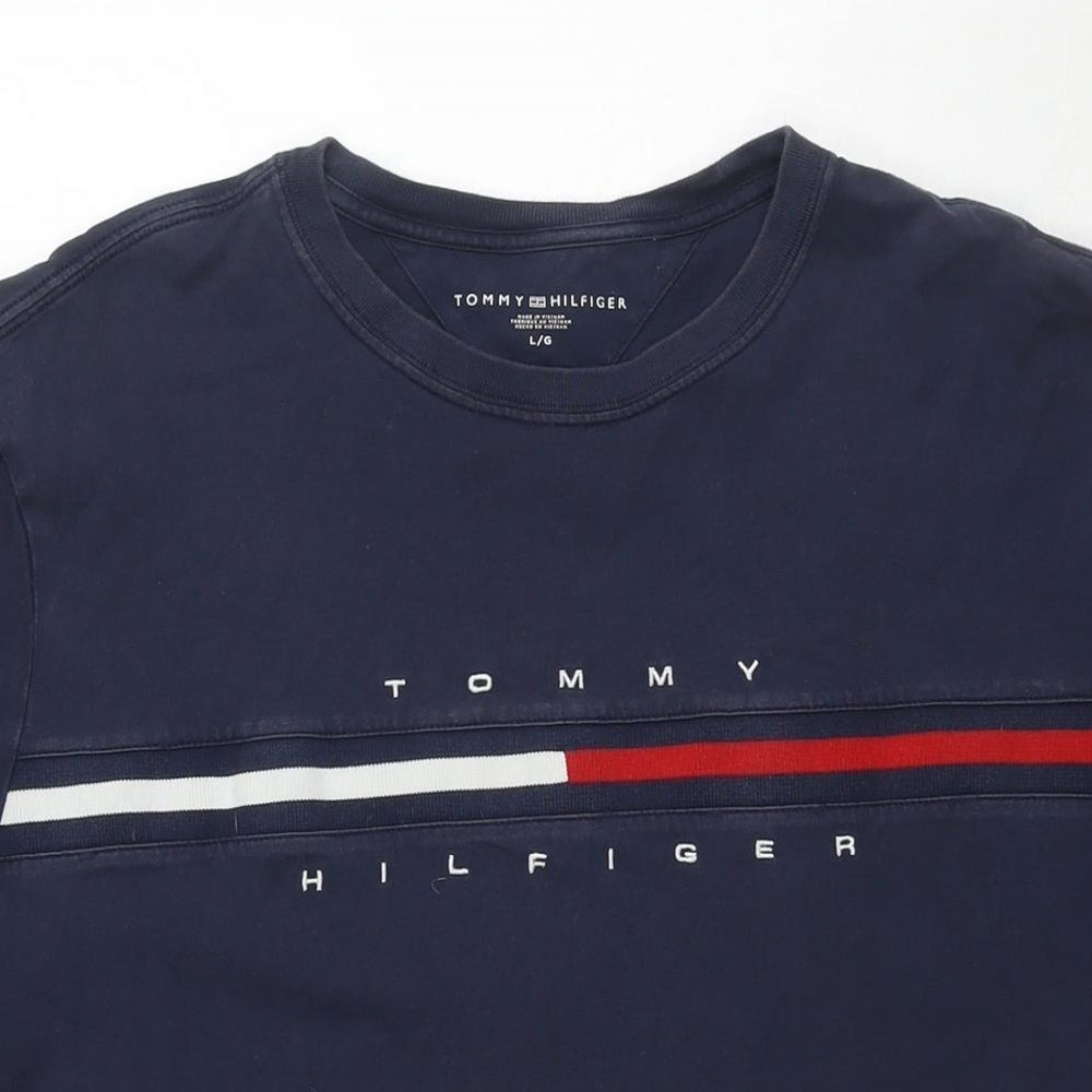 Tommy Hilfiger Mens Blue Cotton T-Shirt Size L Round Neck - Logo