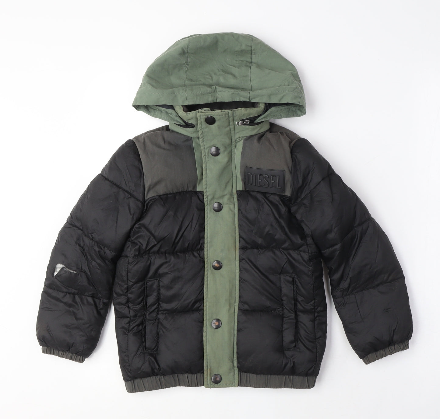 Diesel Boys Black Green Puffer Jacket, 8 Years, Hooded, Winter