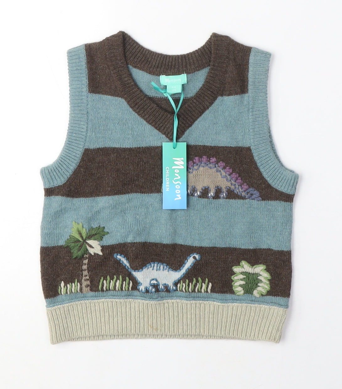 Monsoon Boys Brown Blue Dinosaur Knit Vest 5 Years