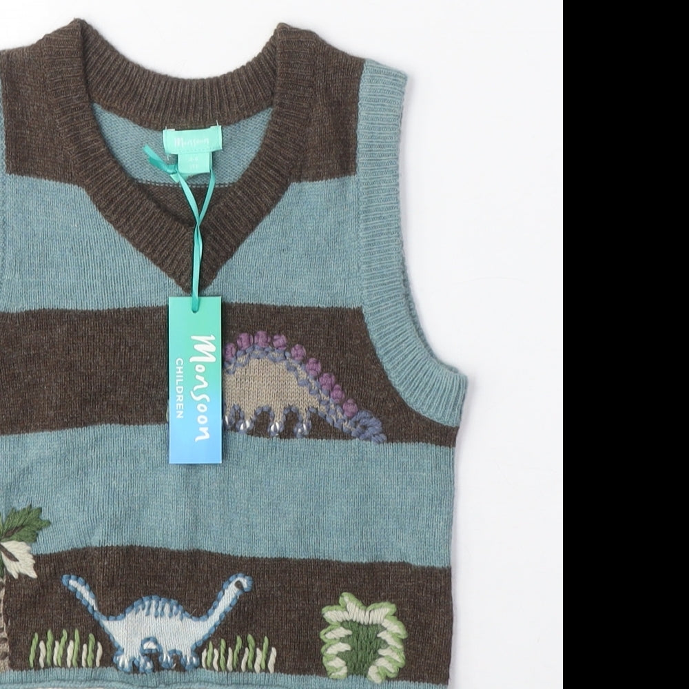 Monsoon Boys Brown Blue Dinosaur Knit Vest 5 Years