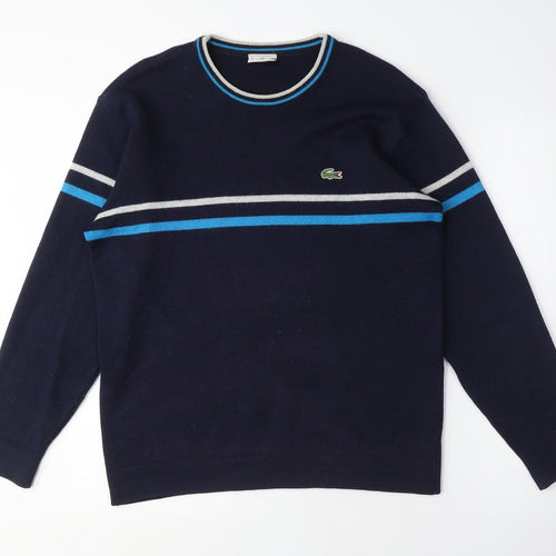 Lacoste Men's Navy Blue Striped Crew Neck Jumper, Medium, Classic Fit