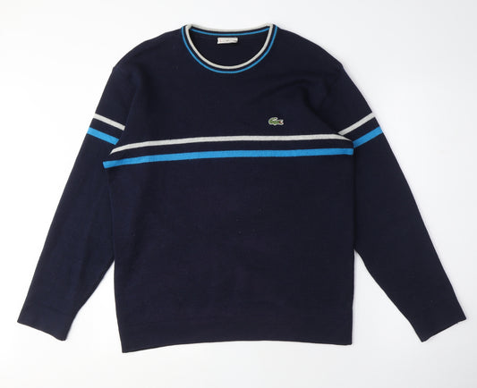 Lacoste Men's Navy Blue Striped Crew Neck Jumper, Medium, Classic Fit