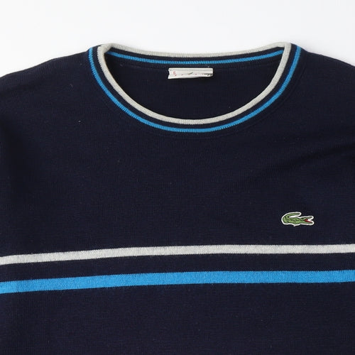 Lacoste Men's Navy Blue Striped Crew Neck Jumper, Medium, Classic Fit