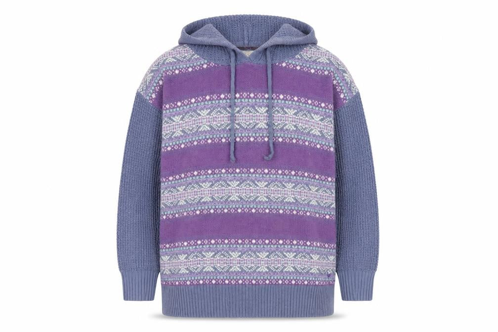 Front view of EWM women’s multicoloured fair isle acrylic pullover hoodie, size S, pullover