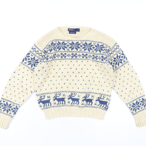 Polo Ralph Lauren Womens Beige Crew Neck Fair Isle Cotton Pullover Jumper Size 6 - Christmas