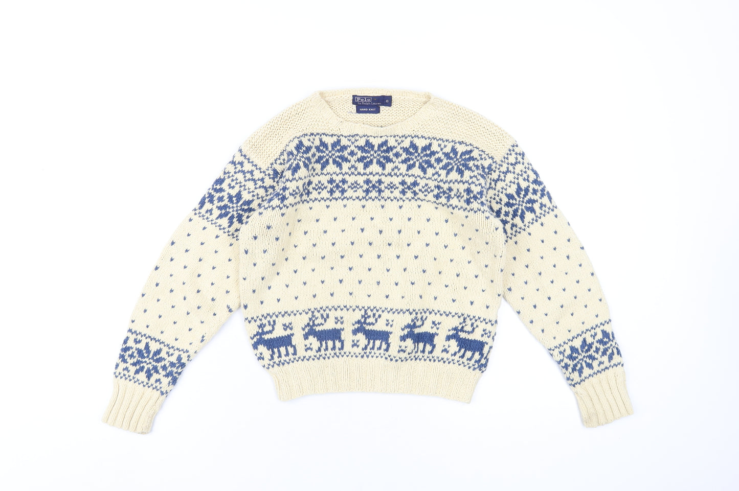 Polo Ralph Lauren Womens Beige Crew Neck Fair Isle Cotton Pullover Jumper Size 6 - Christmas