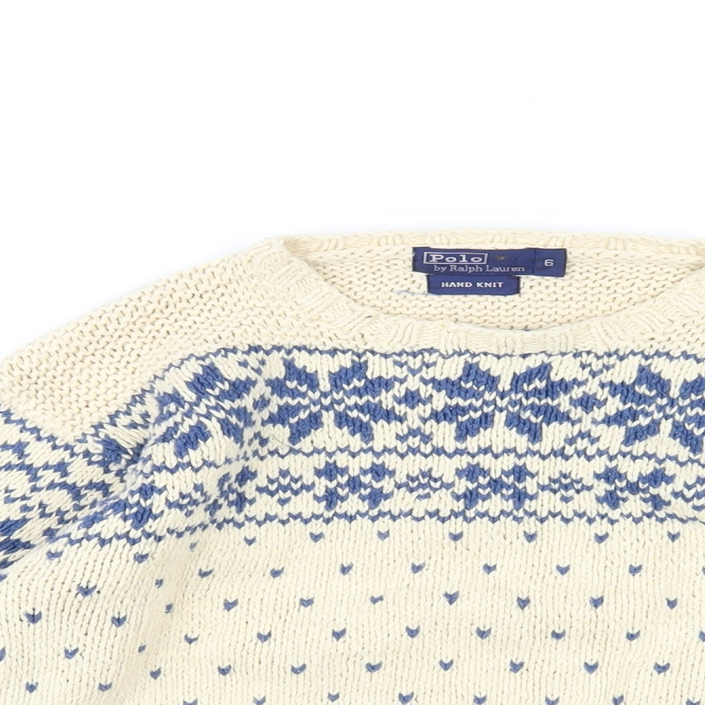 Polo Ralph Lauren Womens Beige Crew Neck Fair Isle Cotton Pullover Jumper Size 6 - Christmas