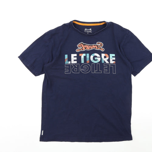 Le Tigre Mens Blue Cotton T-Shirt Size L Round Neck