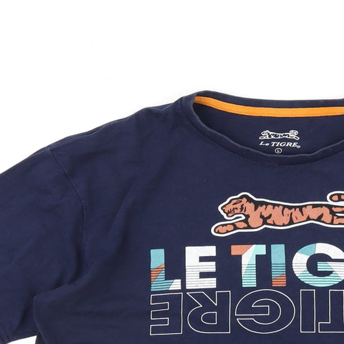 Le Tigre Mens Blue Cotton T-Shirt Size L Round Neck