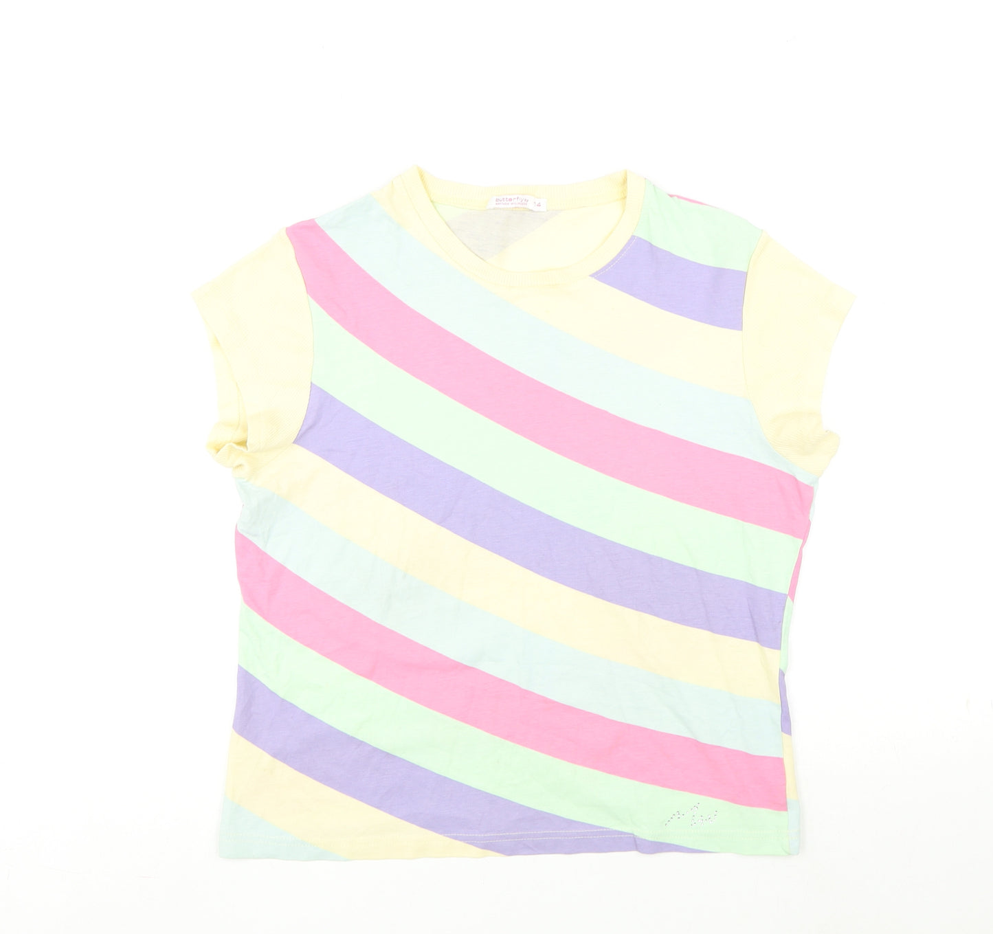 Butterfly Womens Multicoloured Striped Cotton Basic T-Shirt Size 14 Round Neck