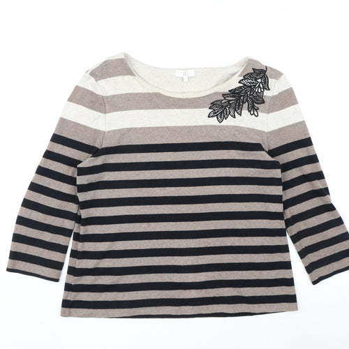 CC Womens Brown Striped Cotton Basic T-Shirt Size L Round Neck