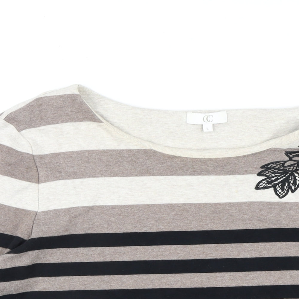 CC Womens Brown Striped Cotton Basic T-Shirt Size L Round Neck