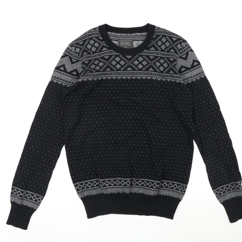 AllSaints Mens Black Crew Neck Fair Isle Cotton Pullover Jumper Size S Long Sleeve