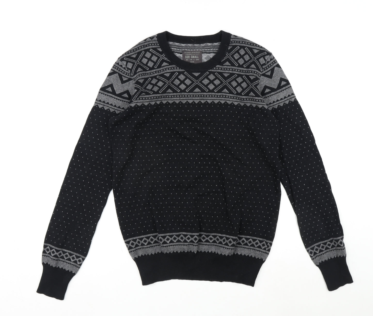 AllSaints Mens Black Crew Neck Fair Isle Cotton Pullover Jumper Size S Long Sleeve