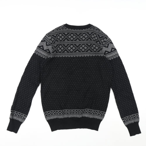 AllSaints Mens Black Crew Neck Fair Isle Cotton Pullover Jumper Size S Long Sleeve